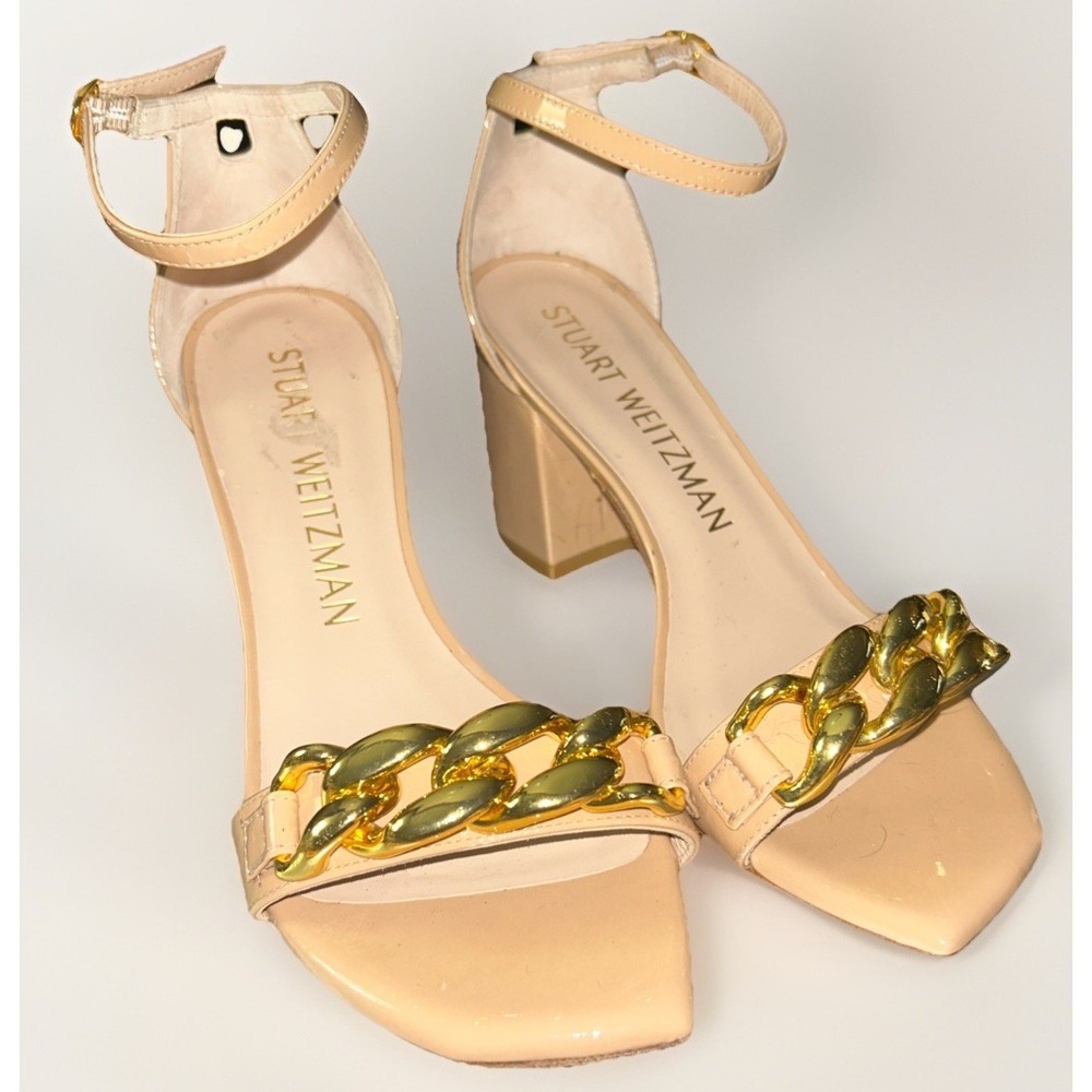Stuart Weitzman Sandals Amelina Golden Chain Block Heel Sandals Size 8.5 Spain